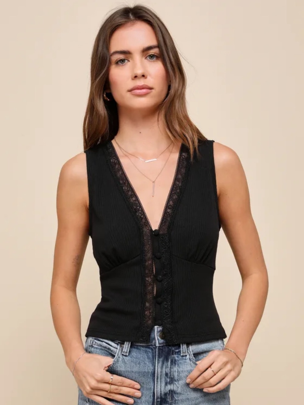 Black Lace-Trim Ribbed V-Neck Women's Top